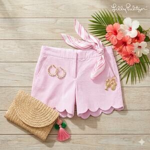Lilly Pulitzer The Buttercup Scalloped Shorts | Pink Seersucker | Size 00